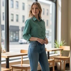 Cato Green and White Gingham Plaid 3/4 Sleeve Button Down Shirt Size Large